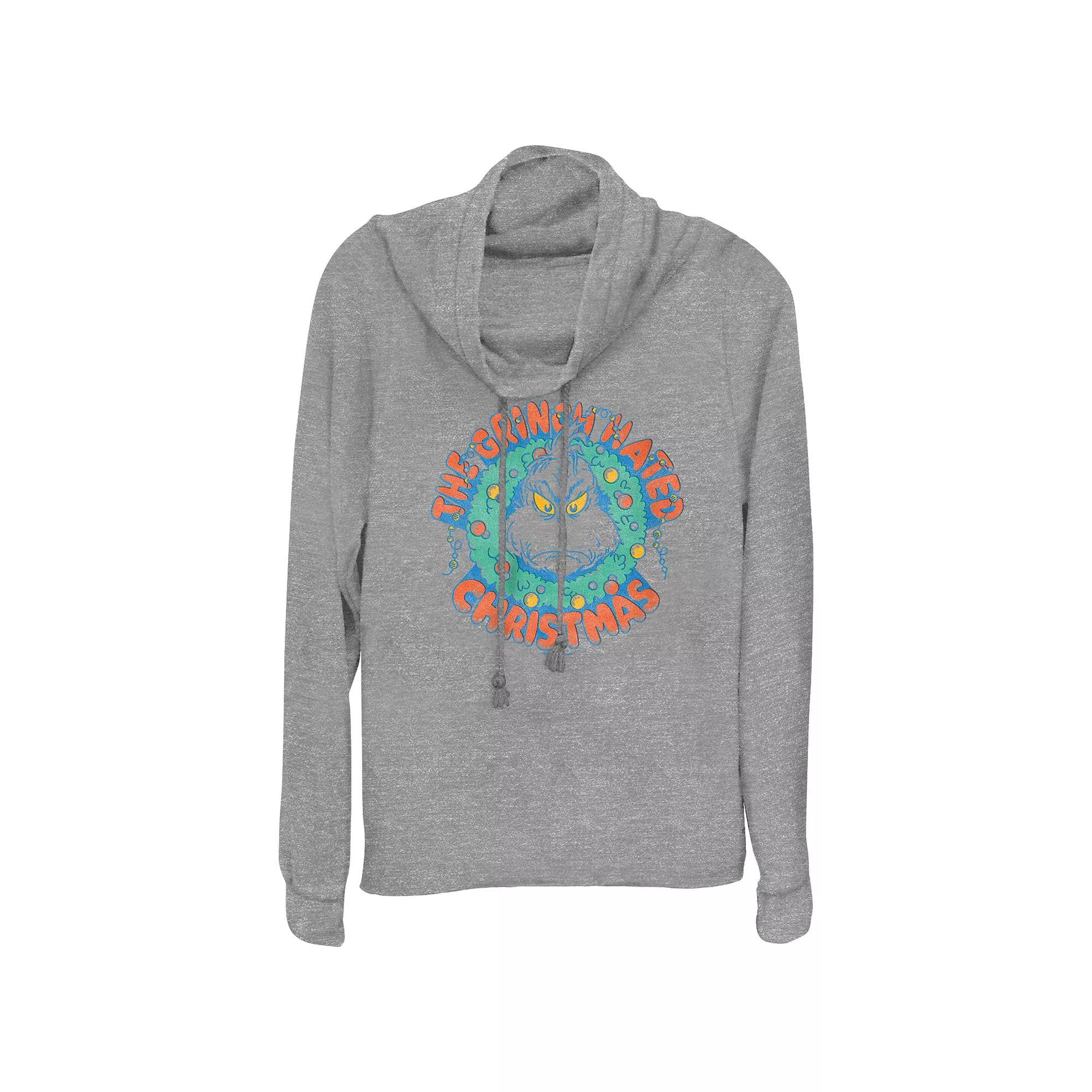 Women's Dr. Seuss The Grinch Hated Christmas Wreath Cowlneck Graphic Lightweight Long Sleeve,  Product Image