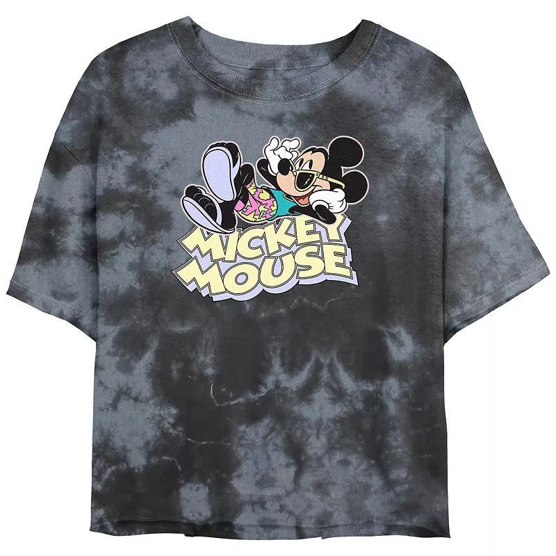 Disneys Mickey Mouse Vacay Mickey Bombard Wash Juniors Cropped Graphic Tee, Womens Black Grey Product Image