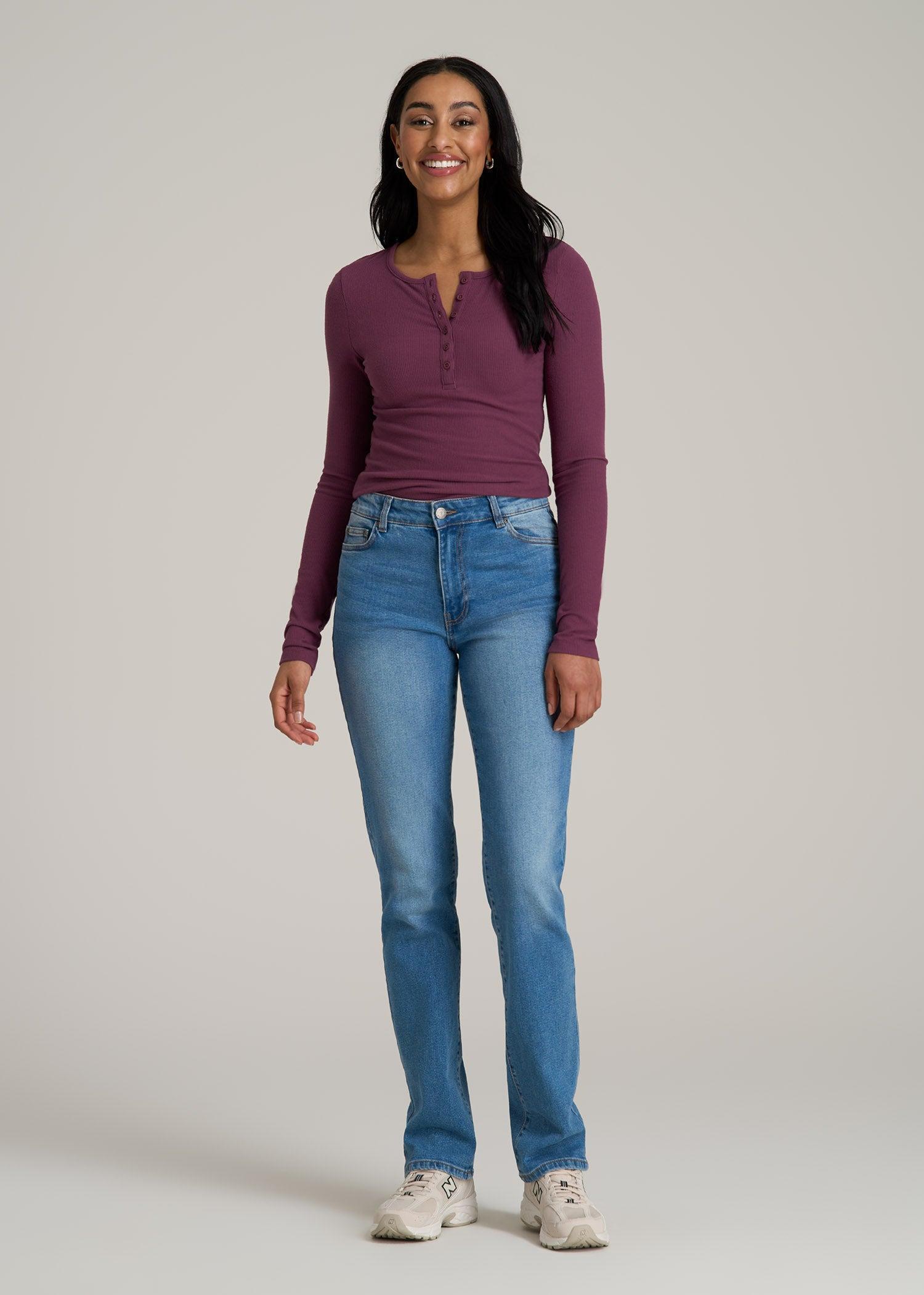 Long Sleeve Ribbed Crewneck Women's Tall Henley Shirt in Purple Gumdrop Product Image