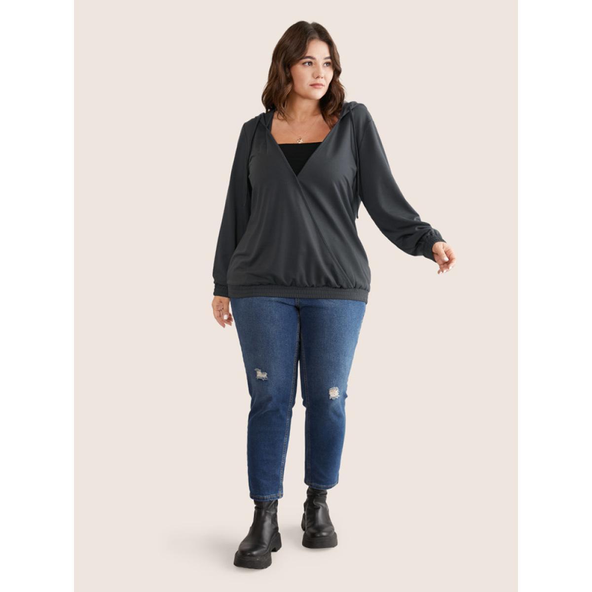 Plus Size Deep V Neck Hooded Drawstring Sweatshirt Women DimGray Casual Plain Hooded Dailywear Sweatshirts BloomChic 12/L Product Image