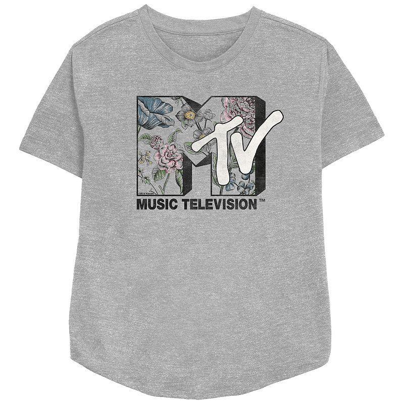 Womens MTV Botanical Logo Relaxed Fit Graphic Tee, Girls Athletic Grey Product Image