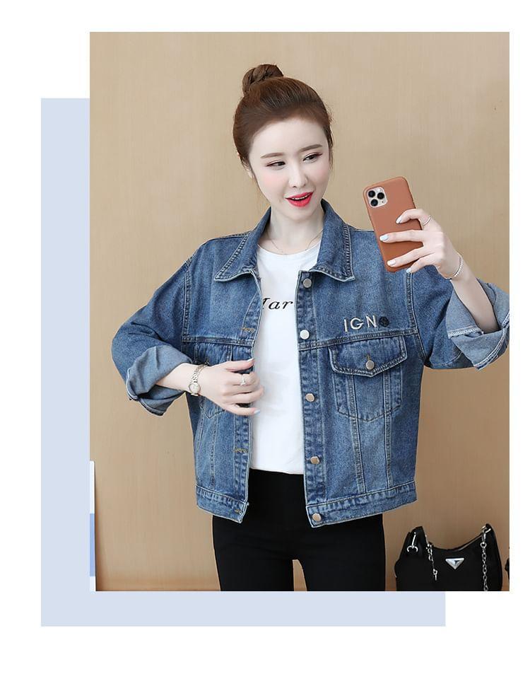 Collared Embroidered Washed Denim Cropped Jacket Product Image