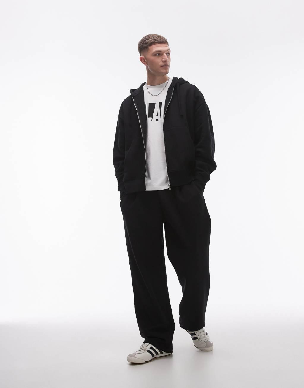 Topman oversized fit full zip hoodie in black Product Image