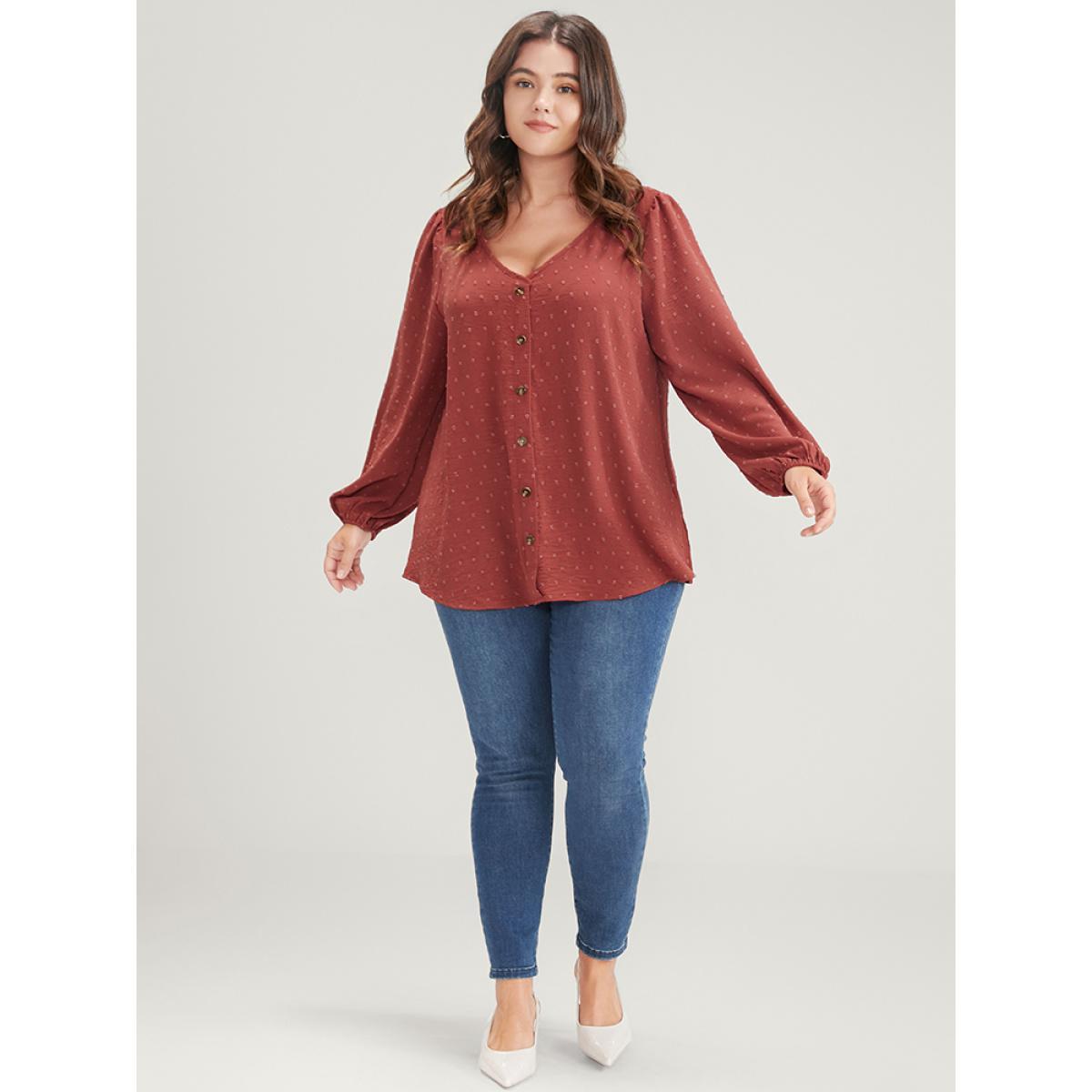 Plus Size Russet Solid Button Lantern Sleeve V Neck Blouse Women Elegant Long Sleeve V-neck Dailywear Blouses BloomChic 14-16/1X Product Image