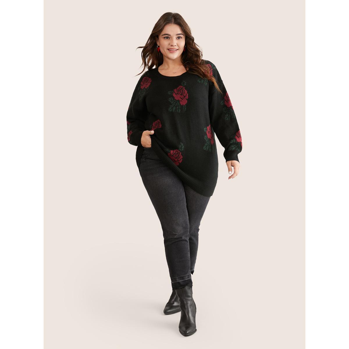 Plus Size Rose Jacquard Crew Neck Drop Shoulder Pullover Black Women Casual Long Sleeve Round Neck Everyday Pullovers BloomChic 22-24/3X Product Image