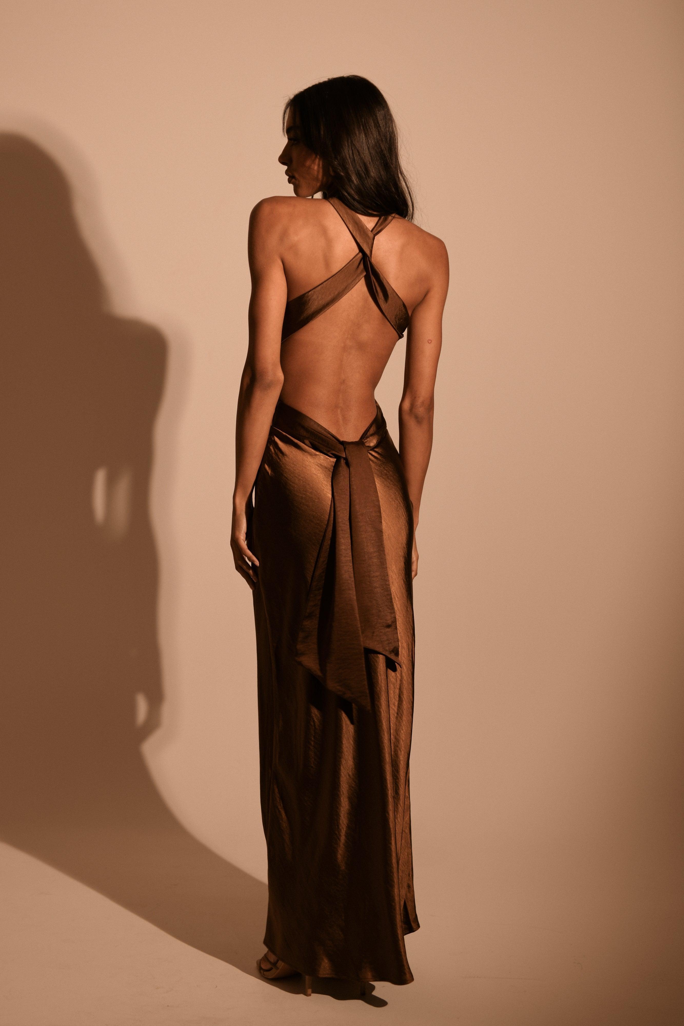 Nalani Satin Halter Maxi Dress - Chocolate Product Image