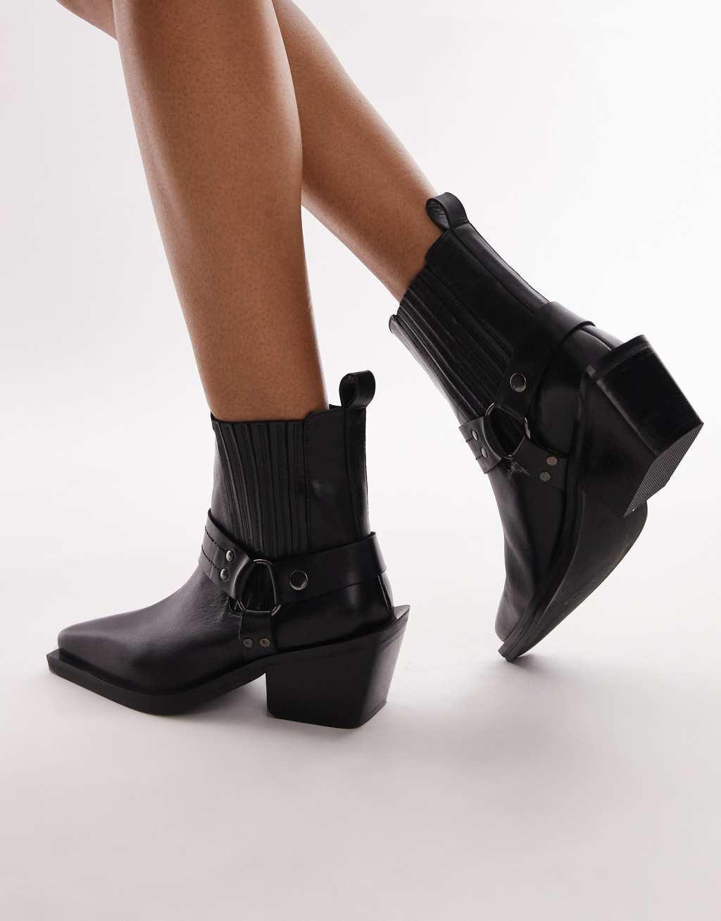 Topshop Wide Fit Maxy leather western boots with harness in black Product Image