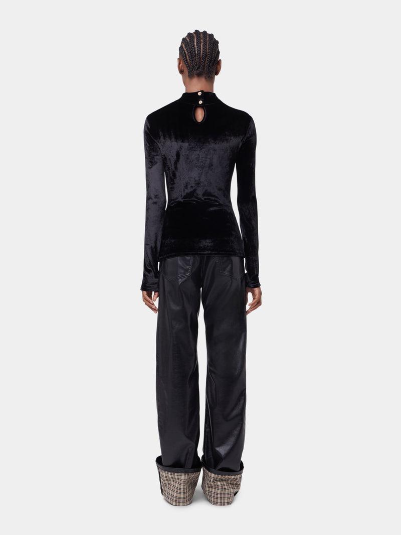BLACK LONG-SLEEVED DRAPE TOP IN VELVET Product Image