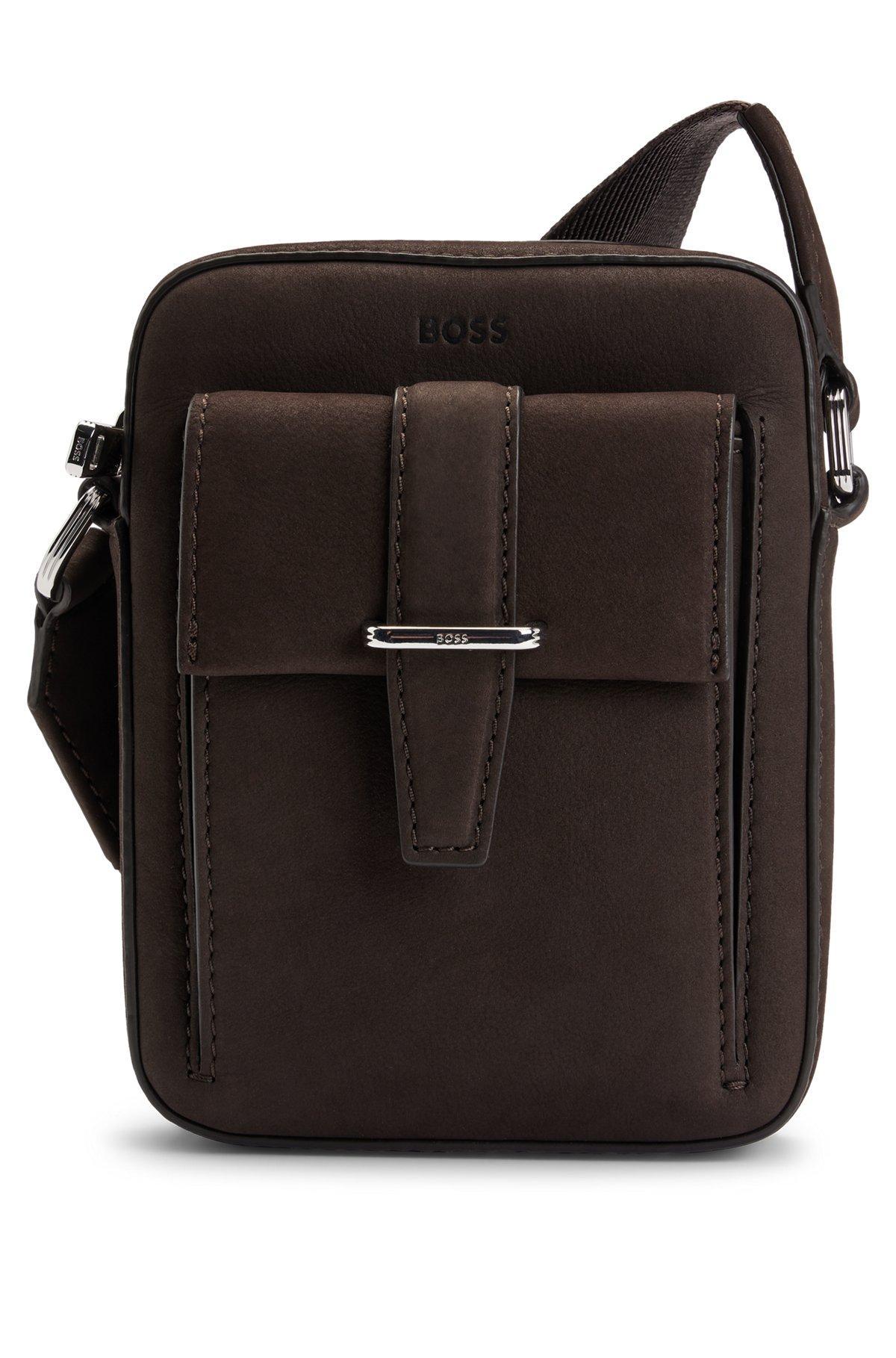 Leather reporter bag with branded trims Product Image