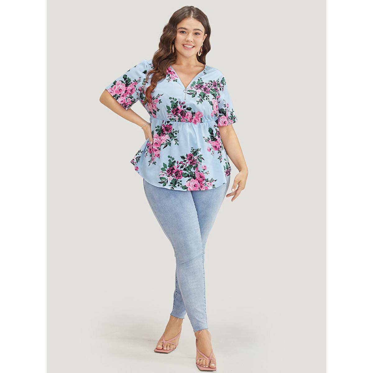 Plus Size LightBlue Floral Half Zipper Ruffle Sleeve Blouse Women Elegant Short sleeve V-neck Dailywear Blouses BloomChic 28/5X Product Image
