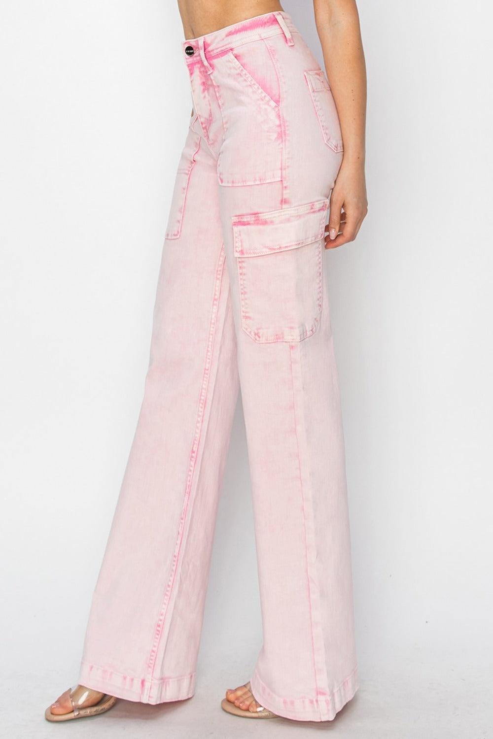 Risen Pink Wide Leg Cargo Pocket Jeans Product Image