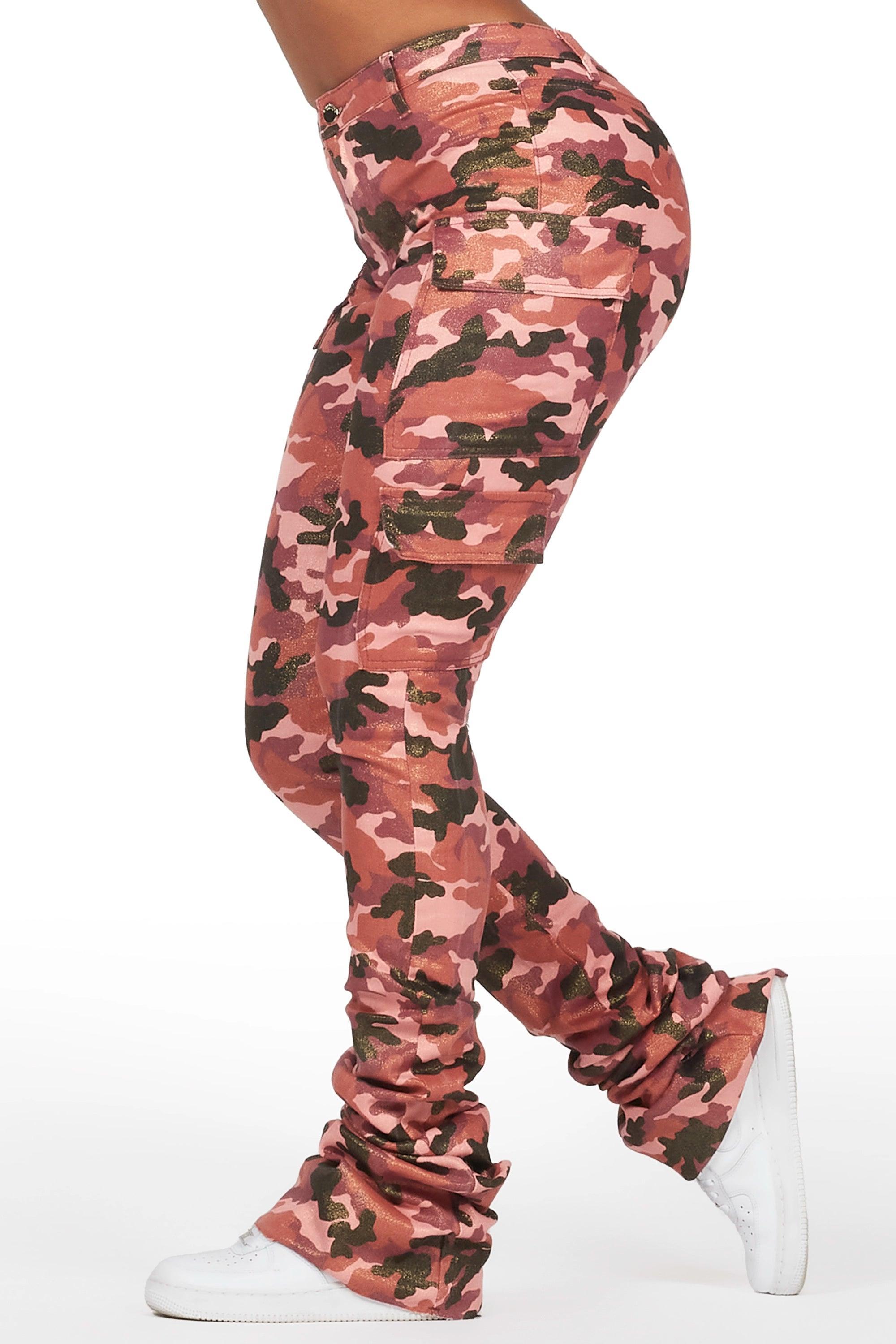 Alaysha Burgundy Camo Cargo Super Stacked PU Pant Female Product Image