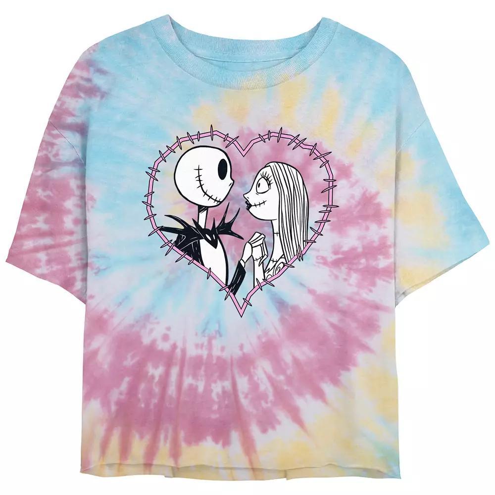 Disney's The Nightmare Before Christmas Jack And Sally Love Crop Top Tie Dye Juniors' Graphic Tee, Women's, Size: Medium, Blue Pink Light Yellow Product Image