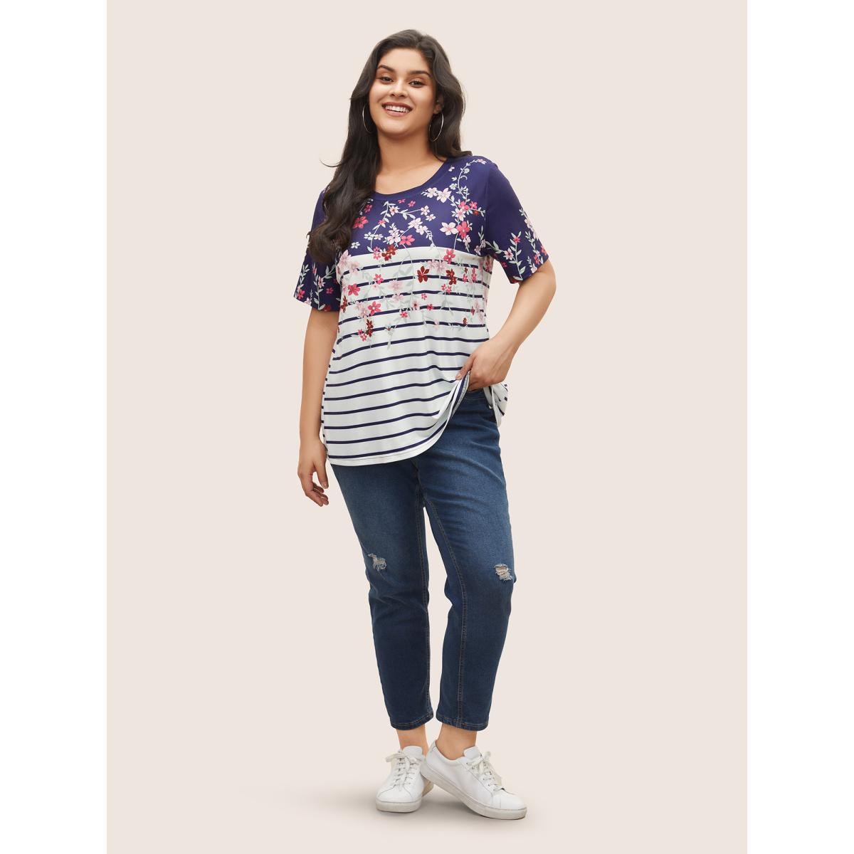 Plus Size Striped Contrast Boho Print Crew Neck T-shirt Indigo Women Casual Round Neck Everyday T-shirts BloomChic 18-20/2X Product Image