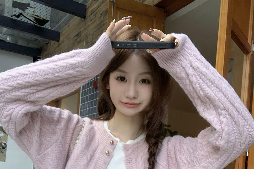 Round Neck Plain Cable-Knit Cardigan Product Image