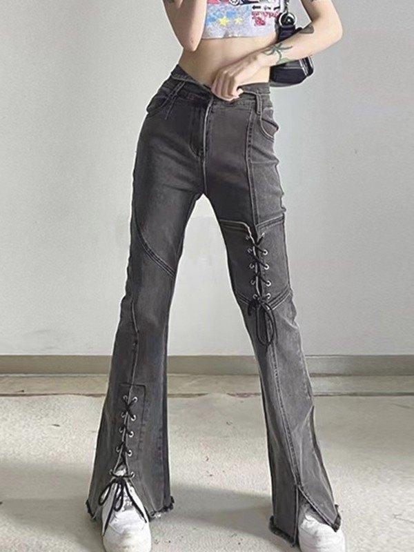 Lace Up Patchwork Slit Flare Jeans Product Image