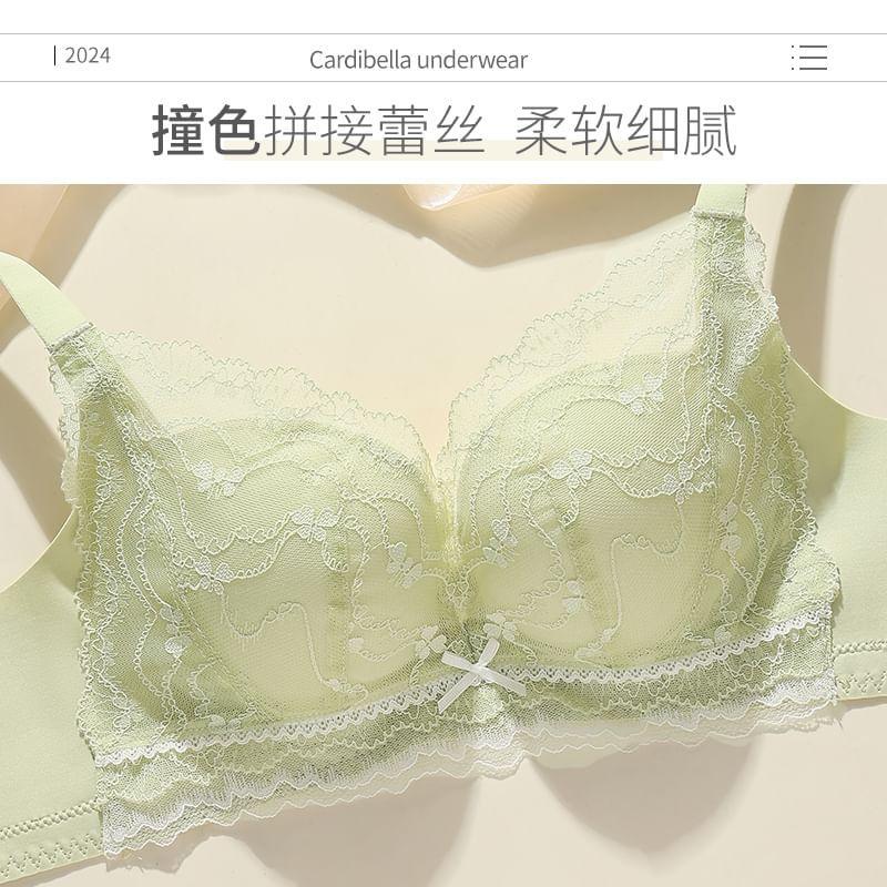 Set: Bow Lace Bra + Mesh Panel Bikini Panties Product Image