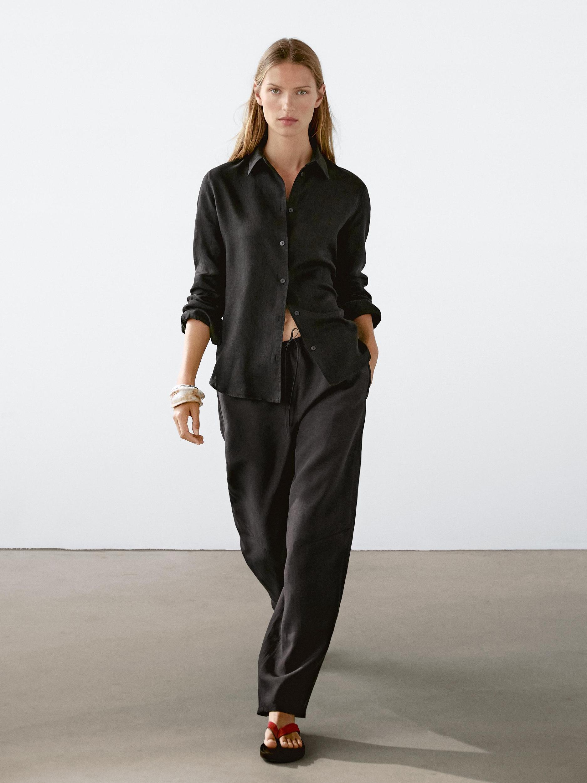 Flowing linen blend barrel fit trousers Product Image