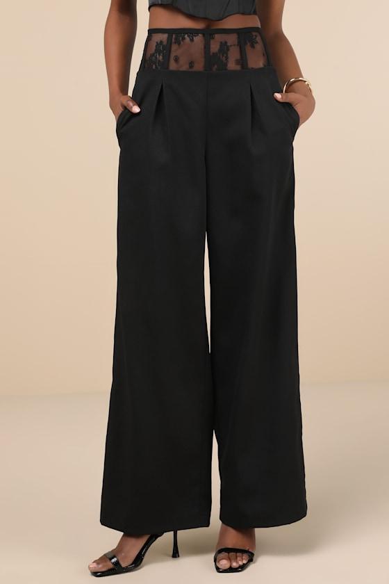 Unbelievable Allure Black Sheer Lace Wide-Leg Trouser Pants Product Image