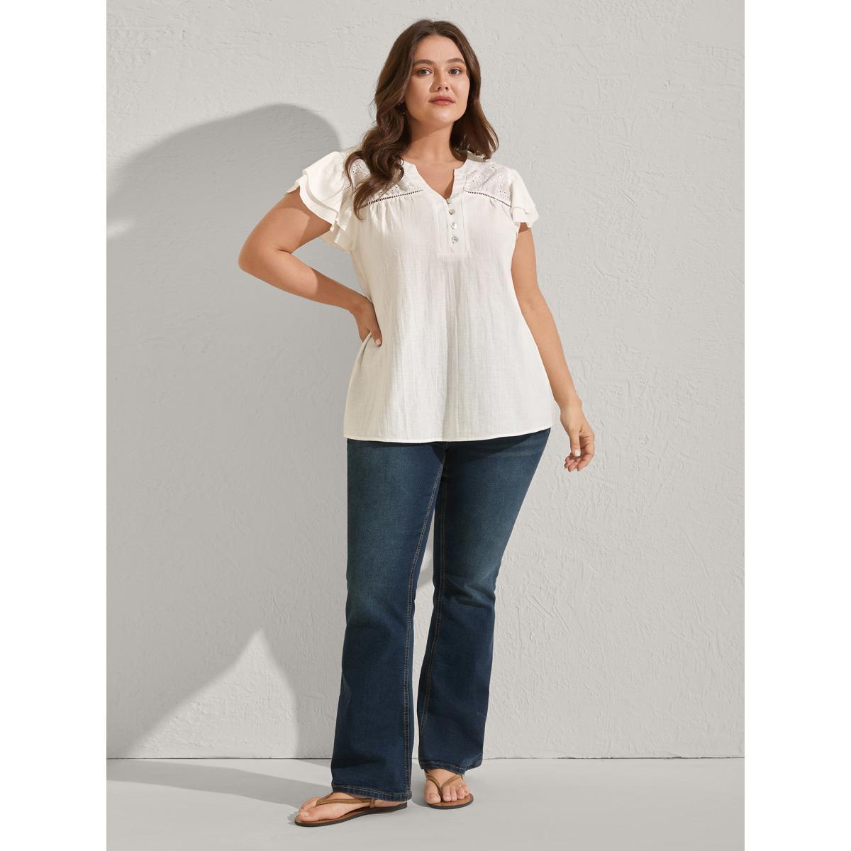 Plus Size Originalwhite Cotton Lace Eyelet Trim Layered Sleeve Blouse Women Boho Cap Sleeve Flat collar with V-notch Vacation Blouses BloomChic 18-20/2X Product Image