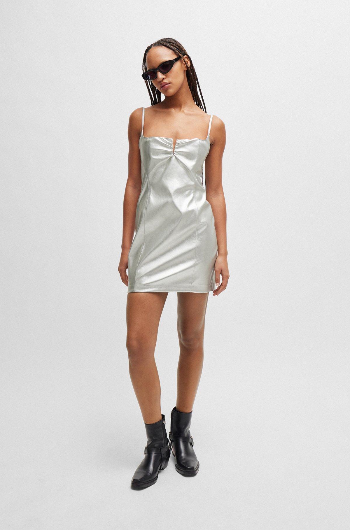 Metallic faux-leather mini dress with notch neckline Product Image