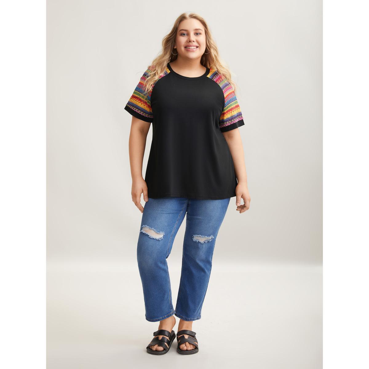 Plus Size Multi-Color Striped Sleeve Spliced T-Shirt Black Women Playful Contrast Round Neck Casual T-shirts BloomChic 30/6X Product Image