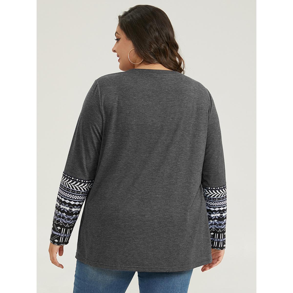 Plus Size Boho Print Round Neck Gathered T-shirt Gray Women Casual Patchwork Bohemian Print Round Neck Dailywear T-shirts BloomChic 12/L Product Image