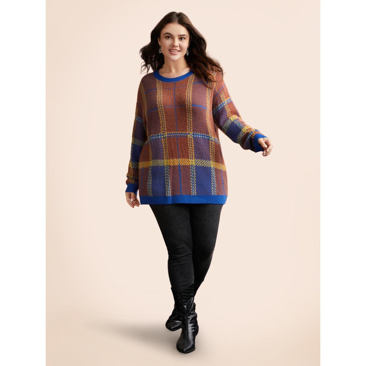 Plus Size Plaid Texture Crew Neck Pullover Navy Women Casual Long Sleeve Round Neck Everyday Pullovers BloomChic 10/M Product Image