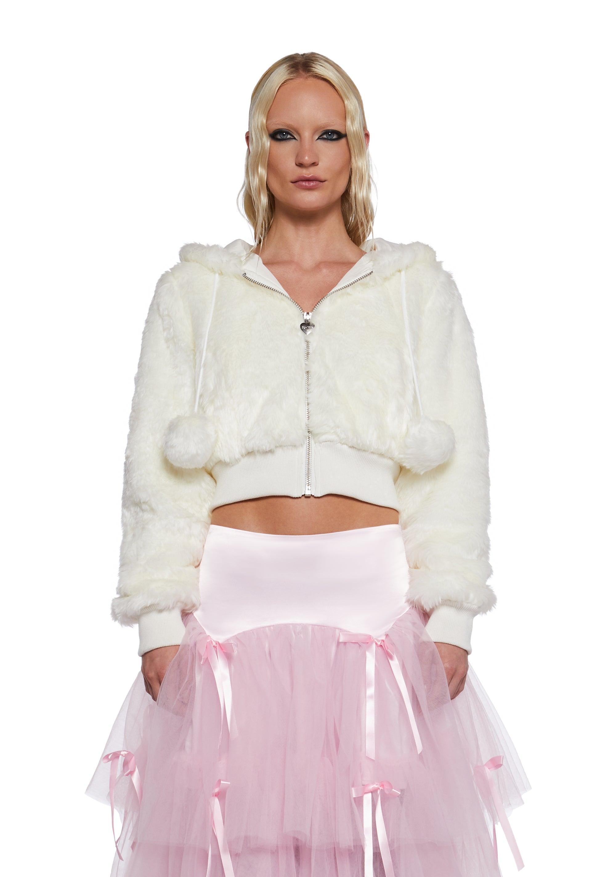 Faux Fur Pom-Pom Cropped Hoodie - Off White Product Image