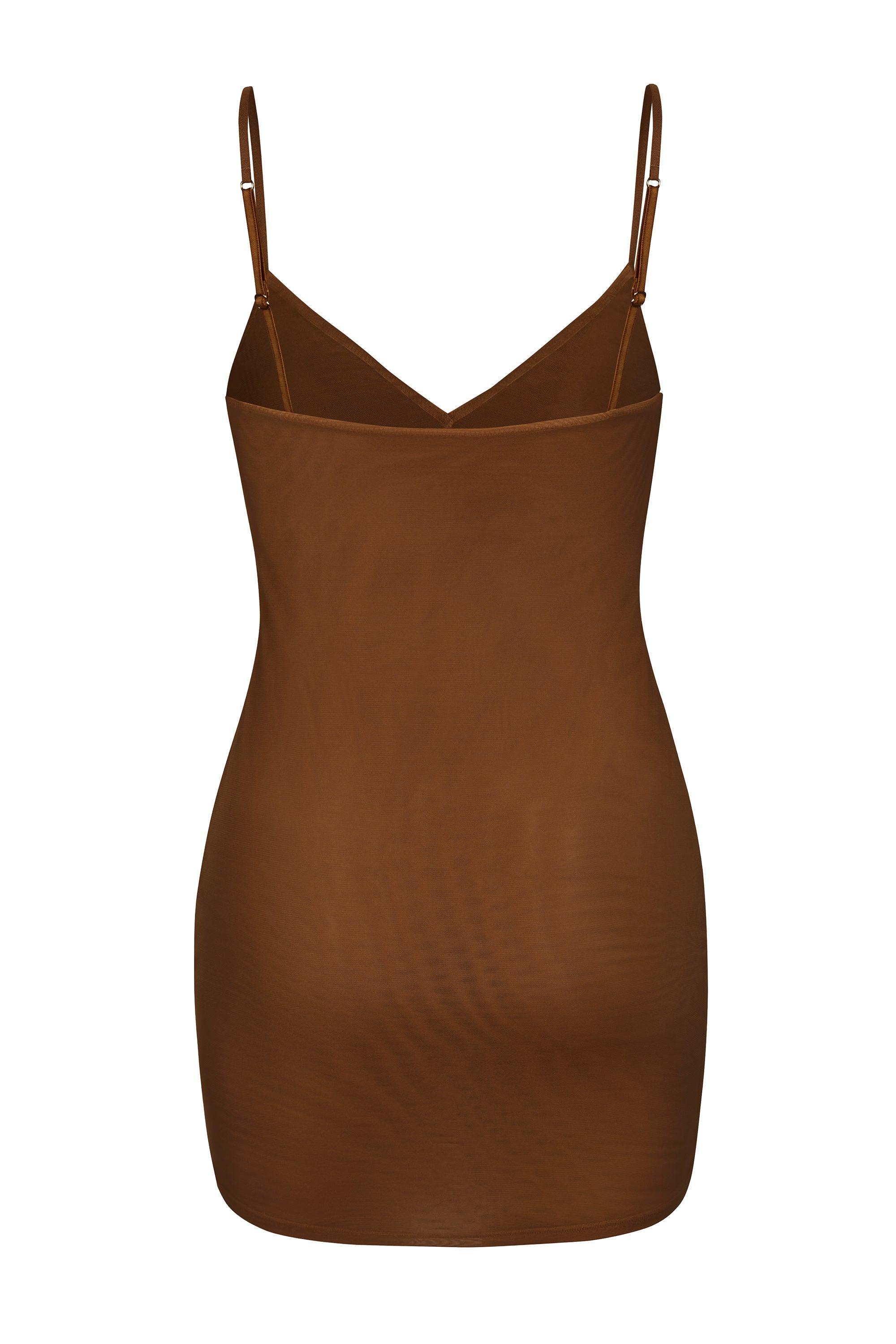 Soft Mesh V-Neck Mini Slip Dress in Almond Product Image