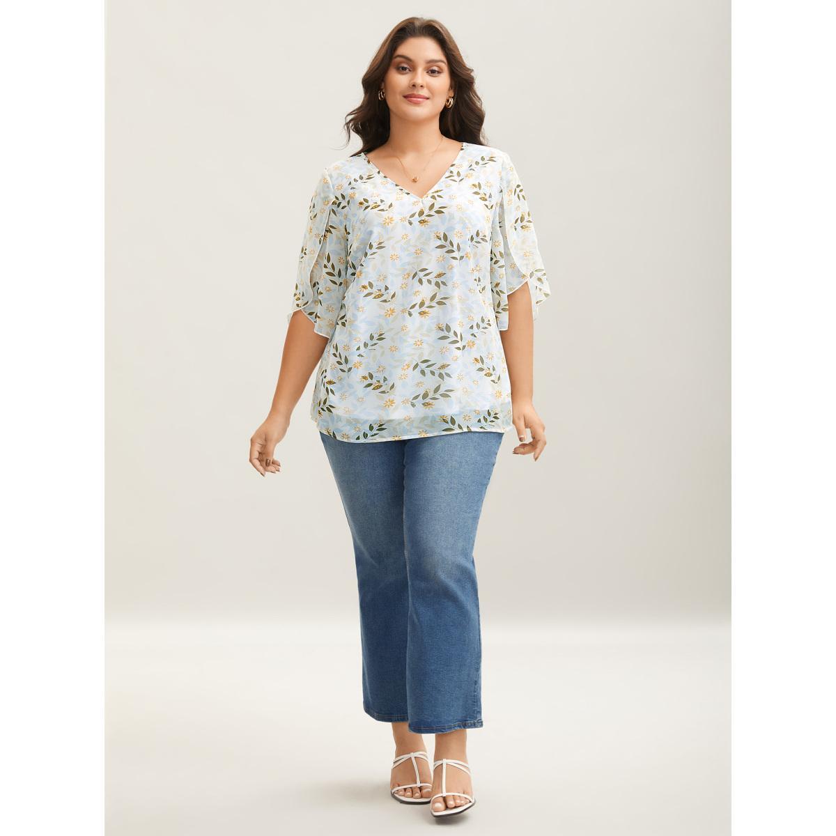 Plus Size Originalwhite Leafy Floral Print Petal Sleeve Blouse Women Elegant Elbow-length sleeve V-neck Everyday-Elegant Blouses BloomChic 10/M Product Image