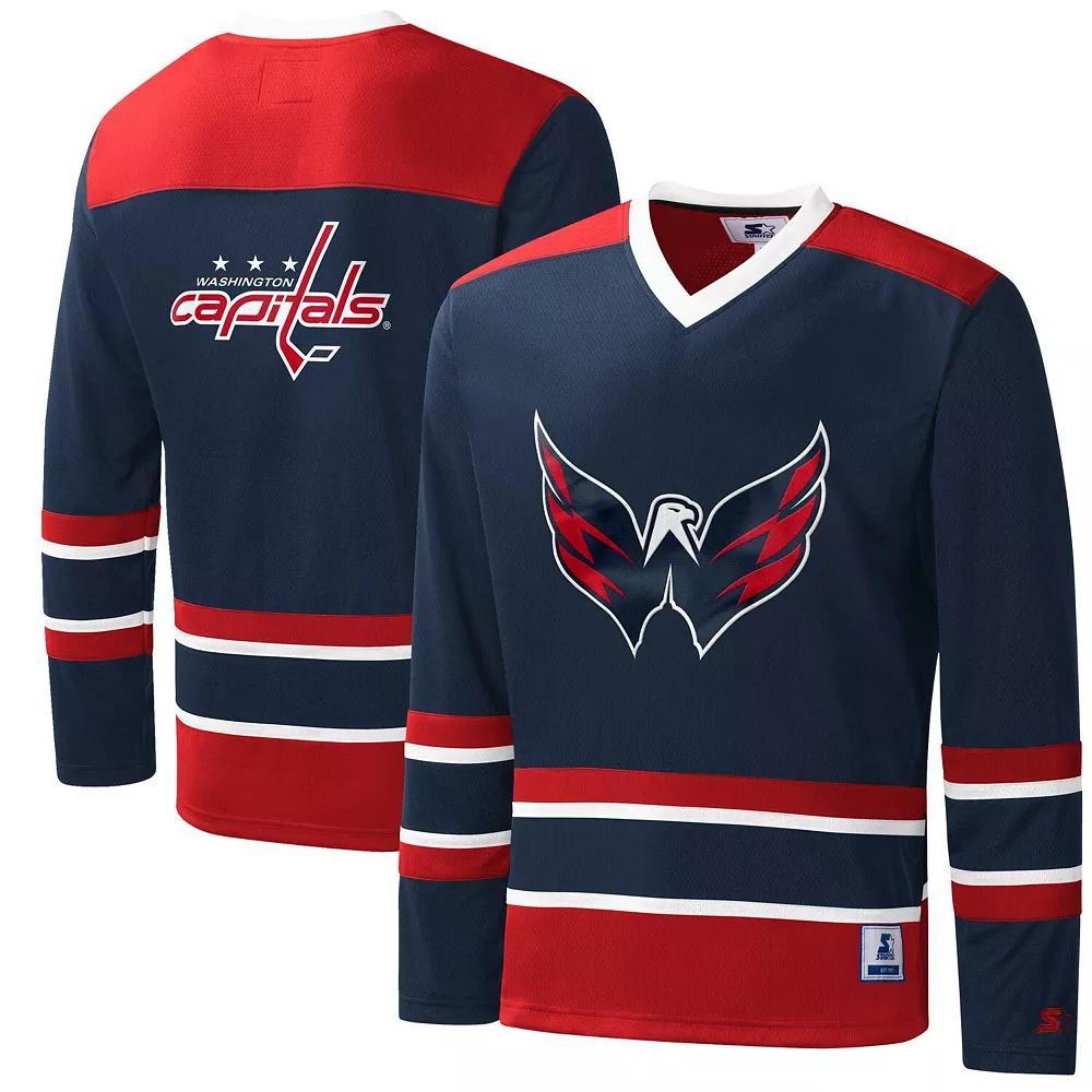 Men's Starter Navy/Red Washington Capitals Cross Check Jersey V-Neck Long Sleeve T-Shirt, Size: Medium, Blue Product Image