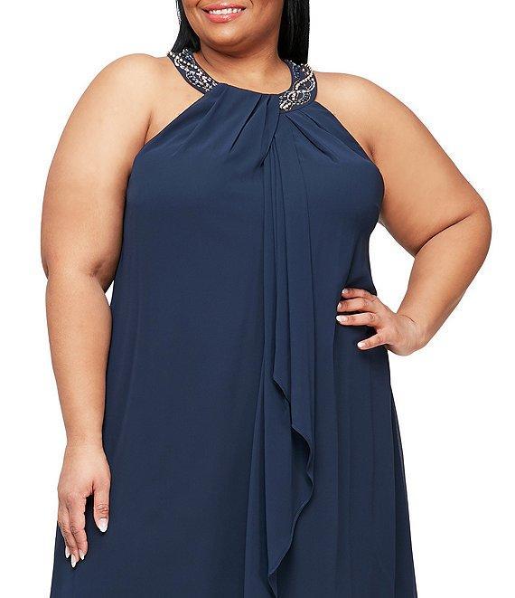 Ignite Evenings Plus Size Braid Bead Halter Neck Sleeveless Ruffle Chiffon Dress Product Image