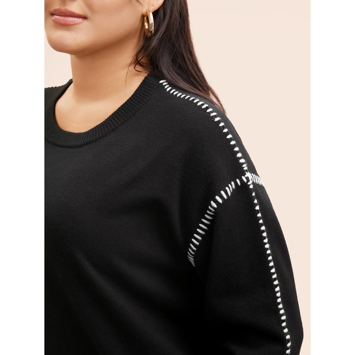 Plus Size Crew Neck Contrast Trim Drop Shoulder Pullover Black Women Casual Long Sleeve Round Neck Everyday Pullovers BloomChic 12/L Product Image