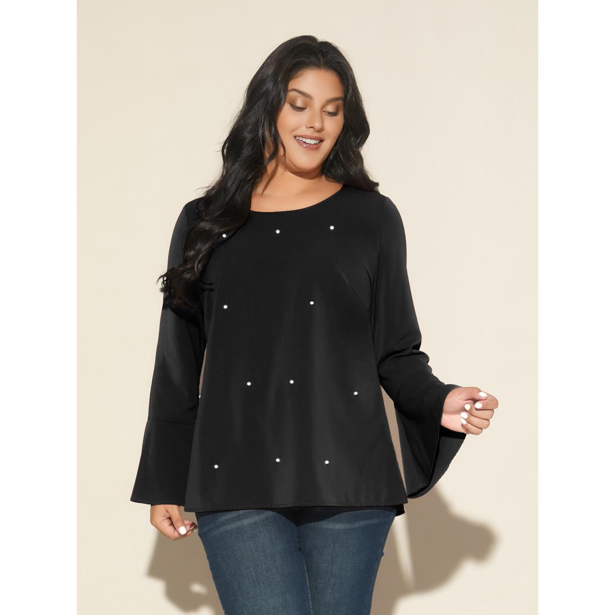Plus Size Black Beaded Embellished Bell Sleeves Blouse Women Cocktail Long Sleeve Round Neck Party Blouses BloomChic 18-20/2X Product Image