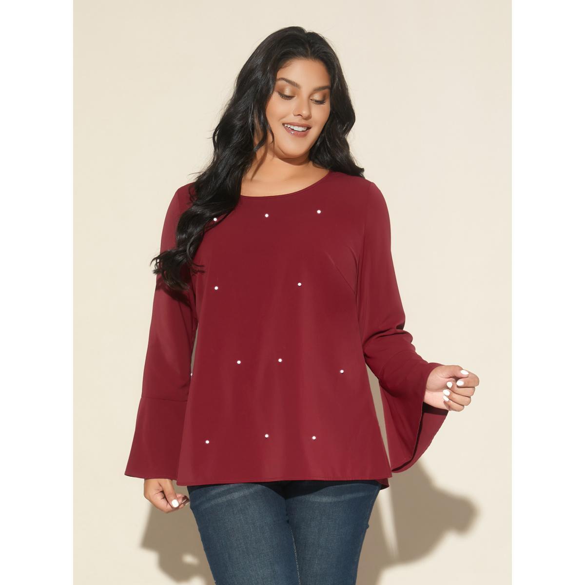 Plus Size Black Beaded Embellished Bell Sleeves Blouse Women Cocktail Long Sleeve Round Neck Party Blouses BloomChic 18-20/2X Product Image