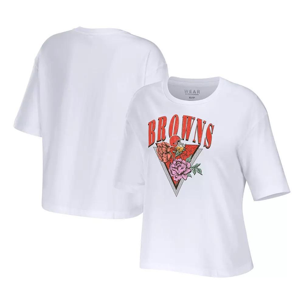 Women's WEAR by Erin Andrews White Cleveland Browns Boxy Floral Cropped T-Shirt,  Product Image