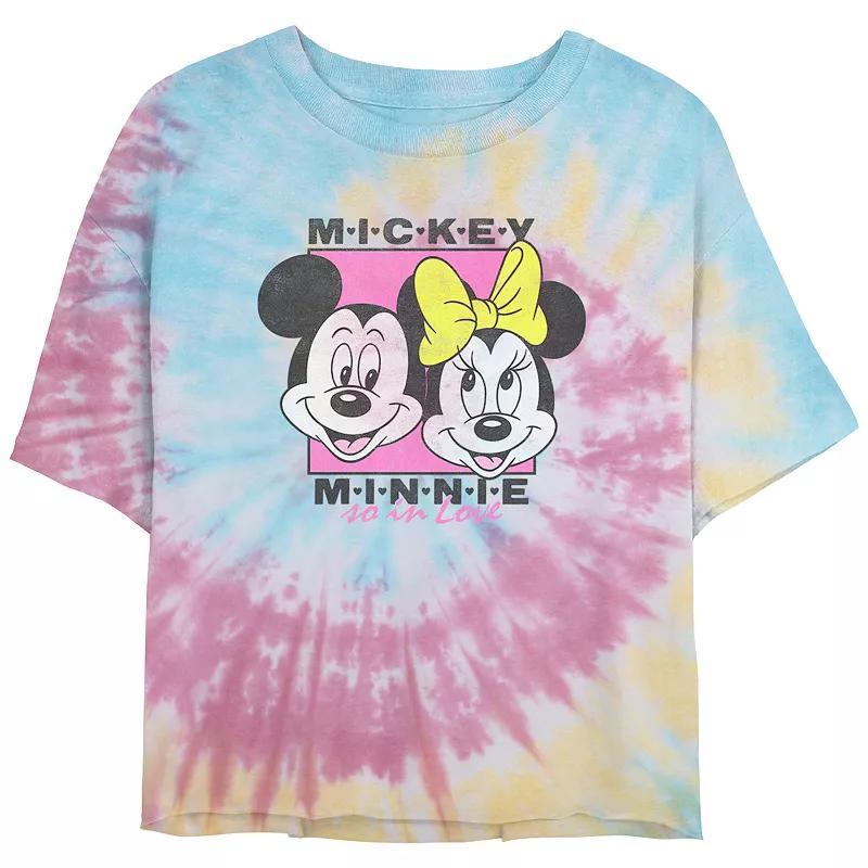 Disney's Mickey Mouse And Minnie In Love Juniors' Cropped Tie Dye Graphic Tee, Women's, Size: Small, Blue Pink Light Yellow Product Image