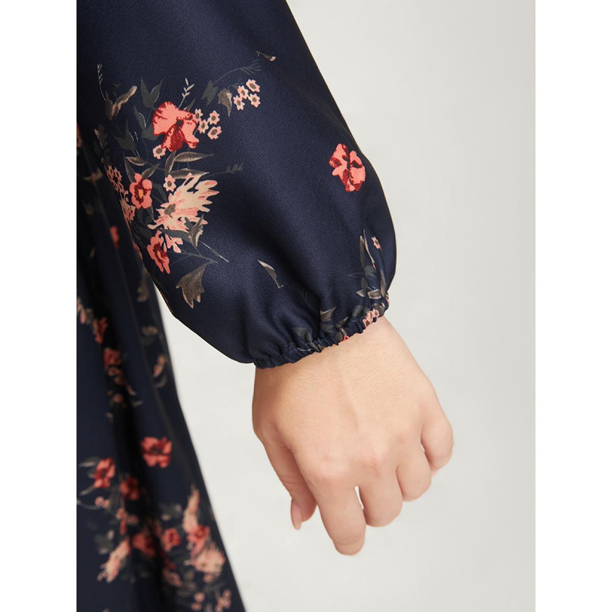 Plus Size Floral Print V Neck Lantern Sleeve Pocket Belted Dress Navy Women Elegant Elastic Waist V-neck Long Sleeve Curvy Midi Dress BloomChic 26/4X Product Image
