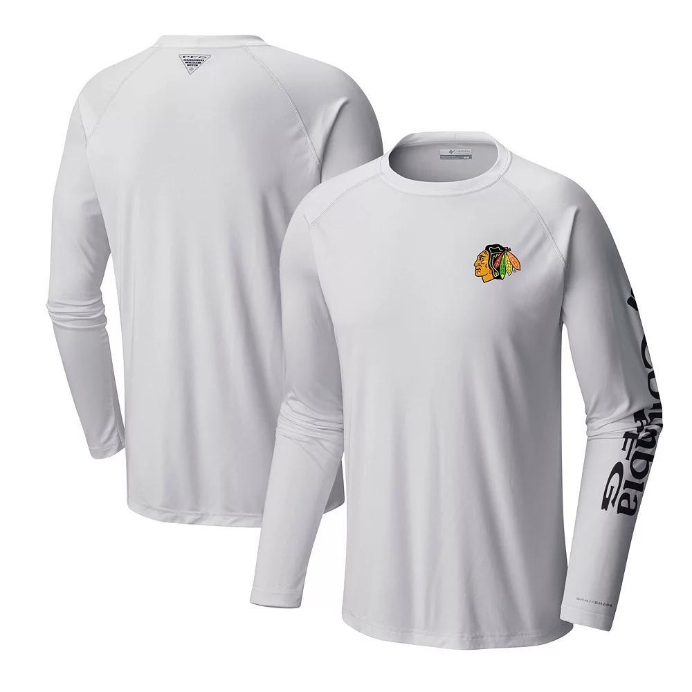 Men's Columbia White Chicago Blackhawks Terminal Tackle Omni-Shade Raglan Long Sleeve T-Shirt,  Product Image