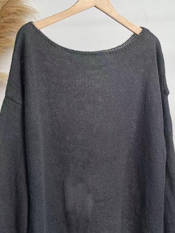 Long Sleeves Loose See-Through Solid Color Split-Joint Round-Neck Sweater Tops Product Image