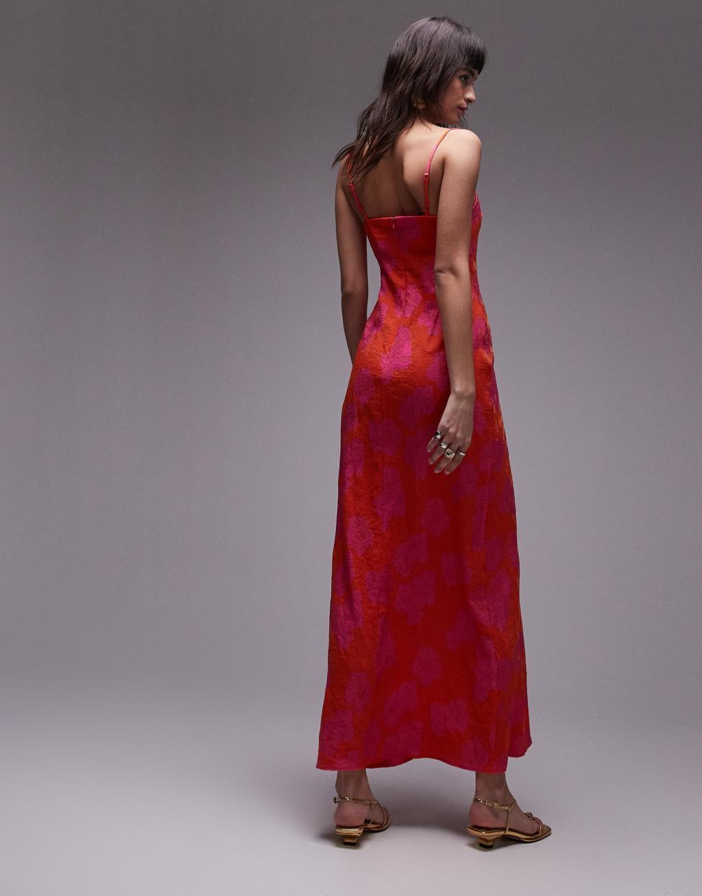 Topshop premium jacquard midi slip dress in pink and orange Product Image