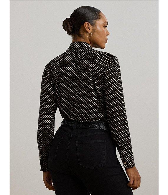 Lauren Ralph Lauren Plus Size Jersey Two-Tone Geometric Collared Long Sleeve Button Front Shirt Product Image