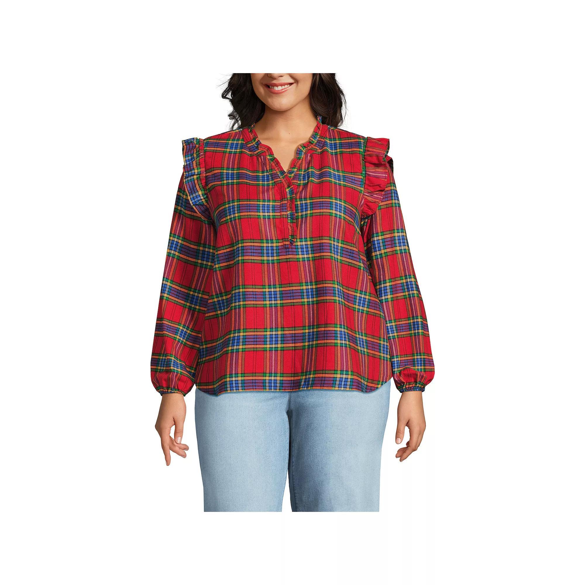 Plus Size Lands' End Ruffle Front Flannel Popover Blouse, Women's, Size: 1XL, Ivory Portobello Product Image