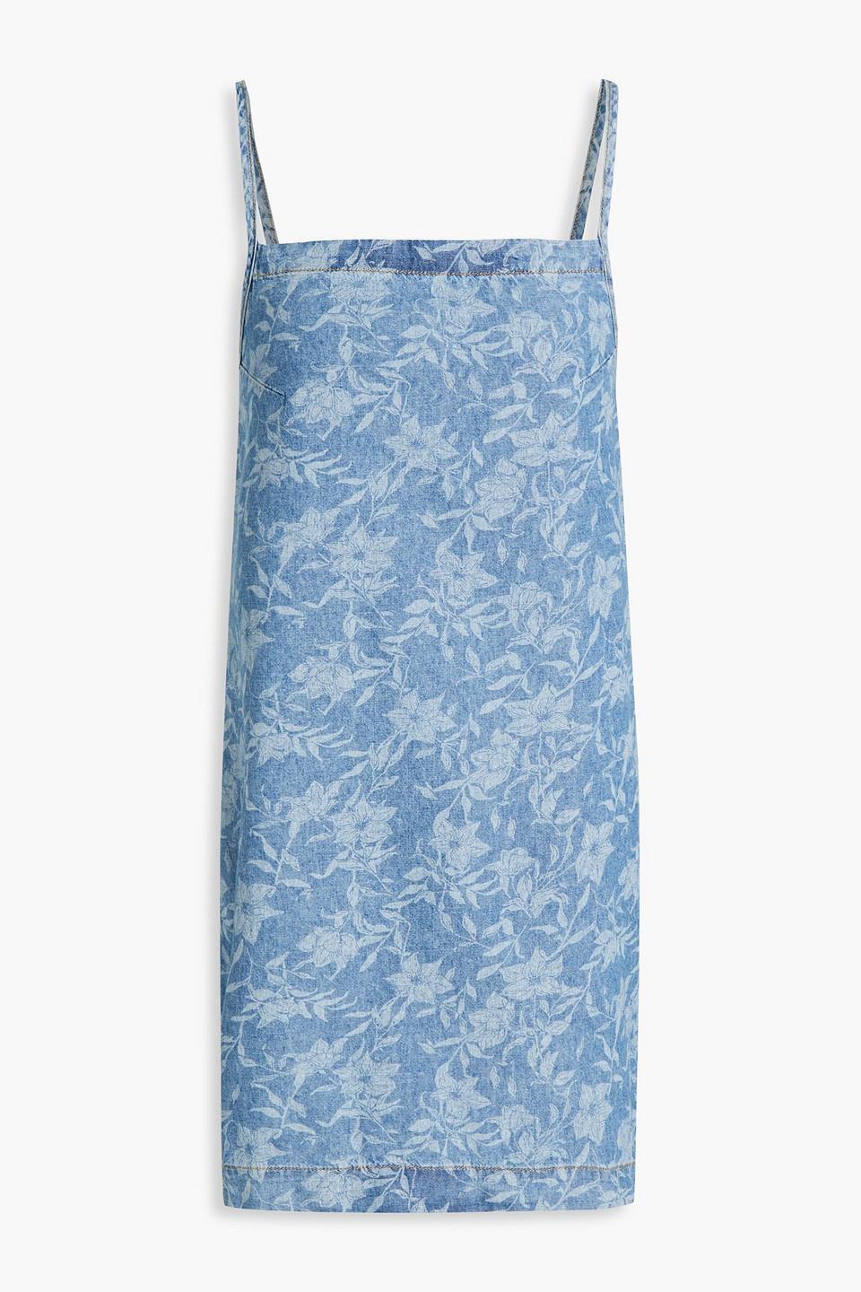 Floral-print Denim Mini Dress In Blue Product Image