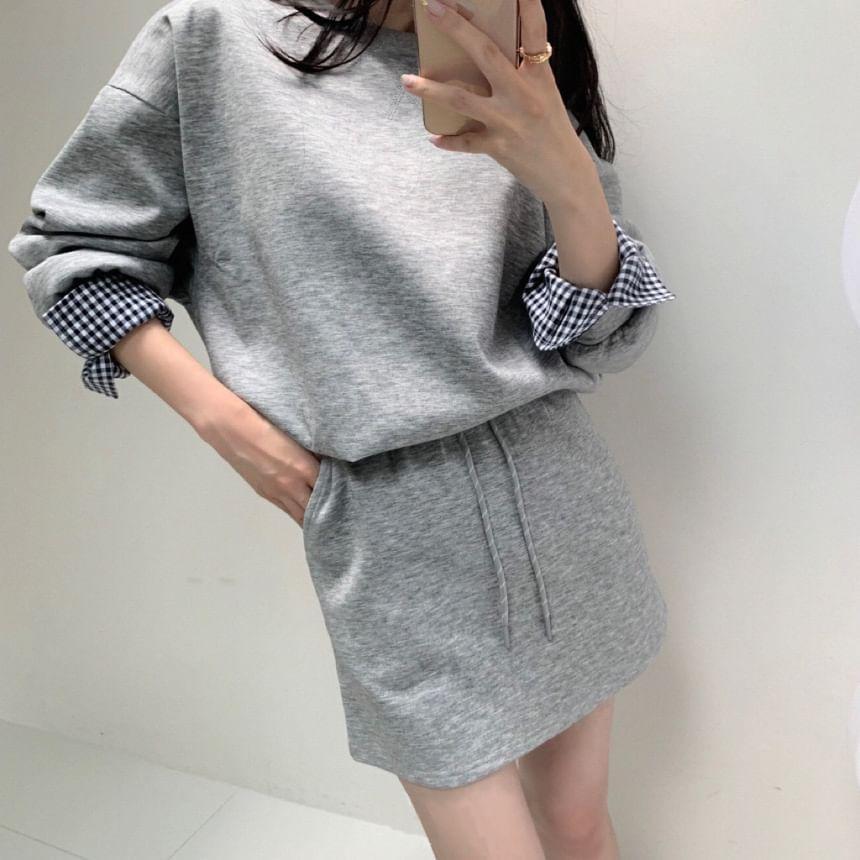 Set: Round Neck Plaid Panel Pullover + Drawstring Waist Mini Pencil Skirt Product Image