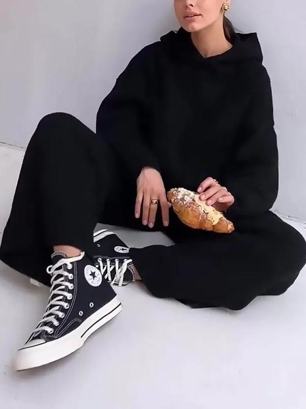 Loose Solid Color Round-Neck Hooded Long Sleeves Sweater Top + Drawstring Pants Bottom Two Pieces Set Product Image