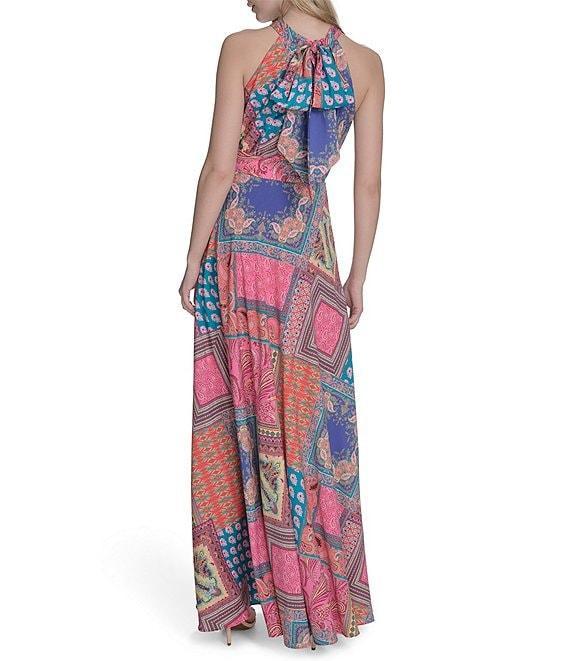 Eliza J Crepe Scarf Print Halter Neck Sleeveless Sheath Maxi Dress Product Image