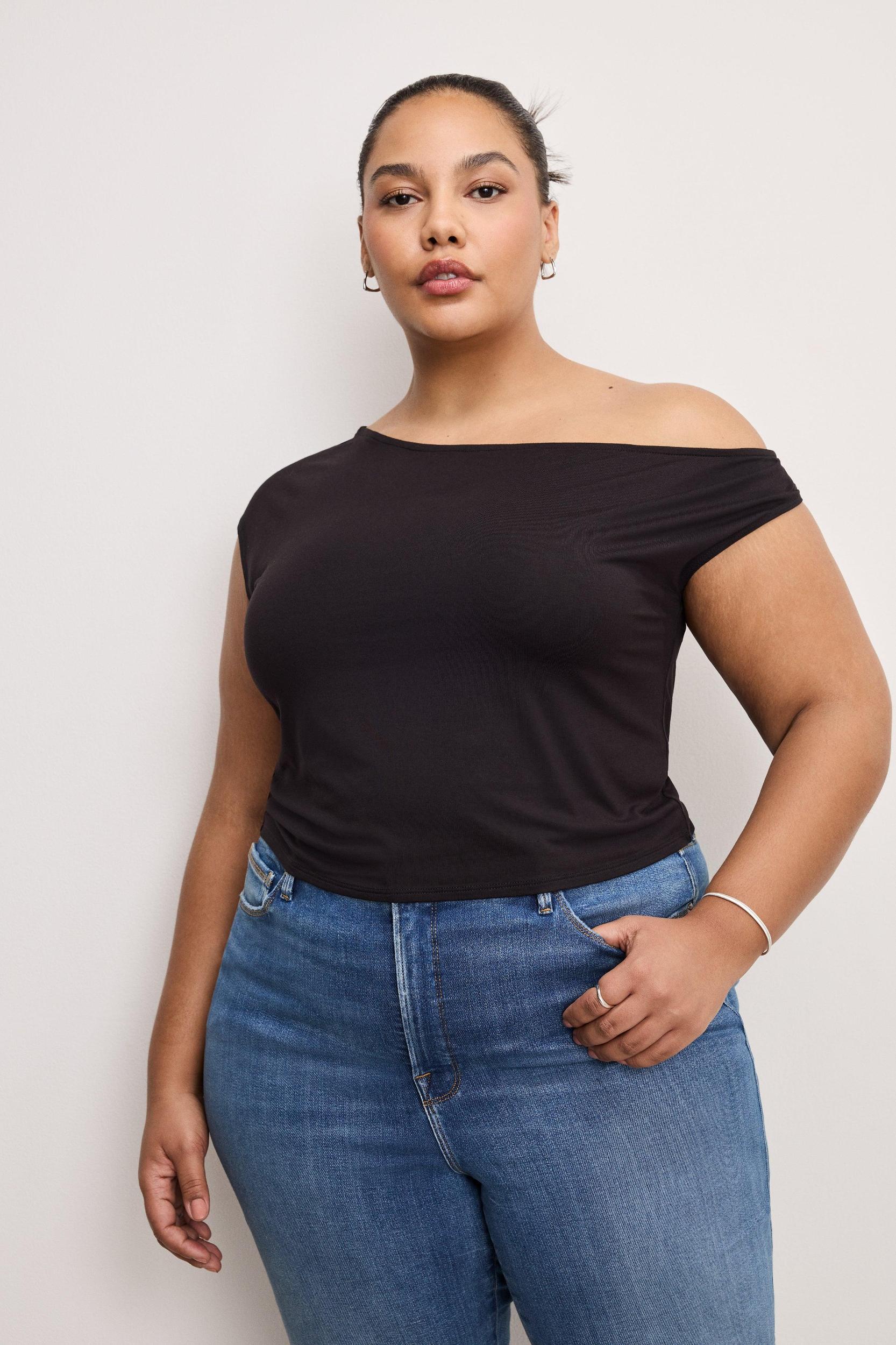 STRETCH JERSEY ASYMMETRIC TOP | BLACK001 Product Image