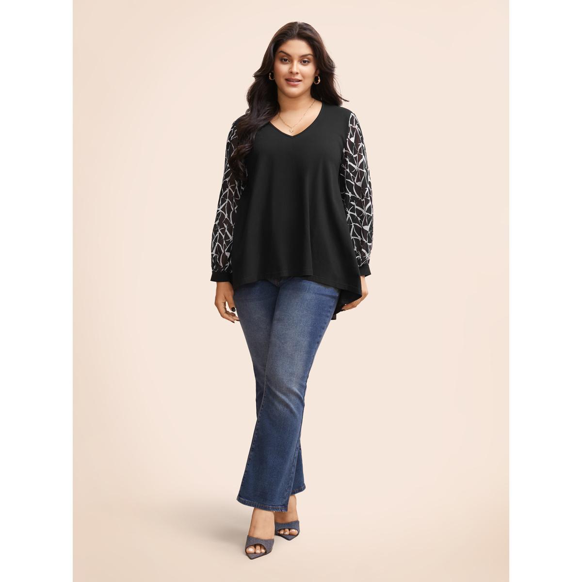 Plus Size Geometric Patchwork Mesh Pocket T-shirt Black Women Elegant See through Art&design V-neck Everyday T-shirts BloomChic 18-20/2X Product Image